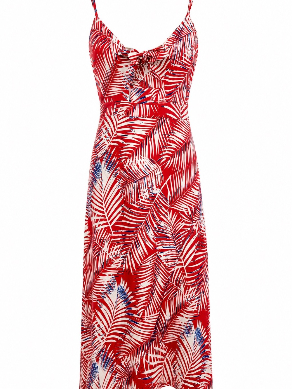 Cupshe Red Strappy Midi Dress with Blue and Ivory White Palm Leaves and Cut Out